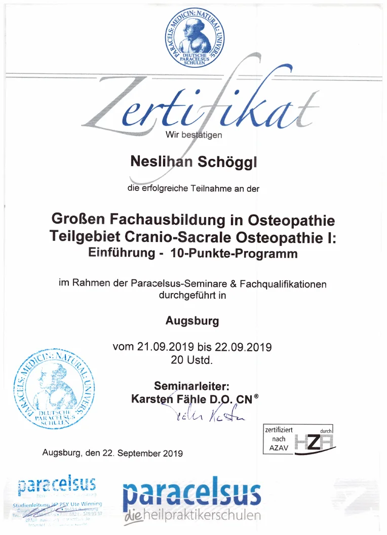 Vorschau des Zertifikats: Cranio-Sacrale Osteopathie I