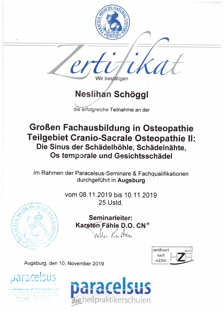 Vorschau des Zertifikats: Cranio-Sacrale Osteopathie II