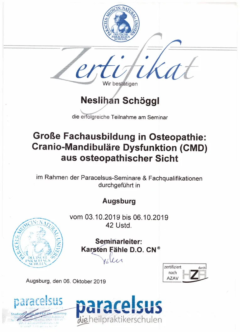 Vorschau des Zertifikats: Cranio-Mandibuläre Dysfunktion (CMD)