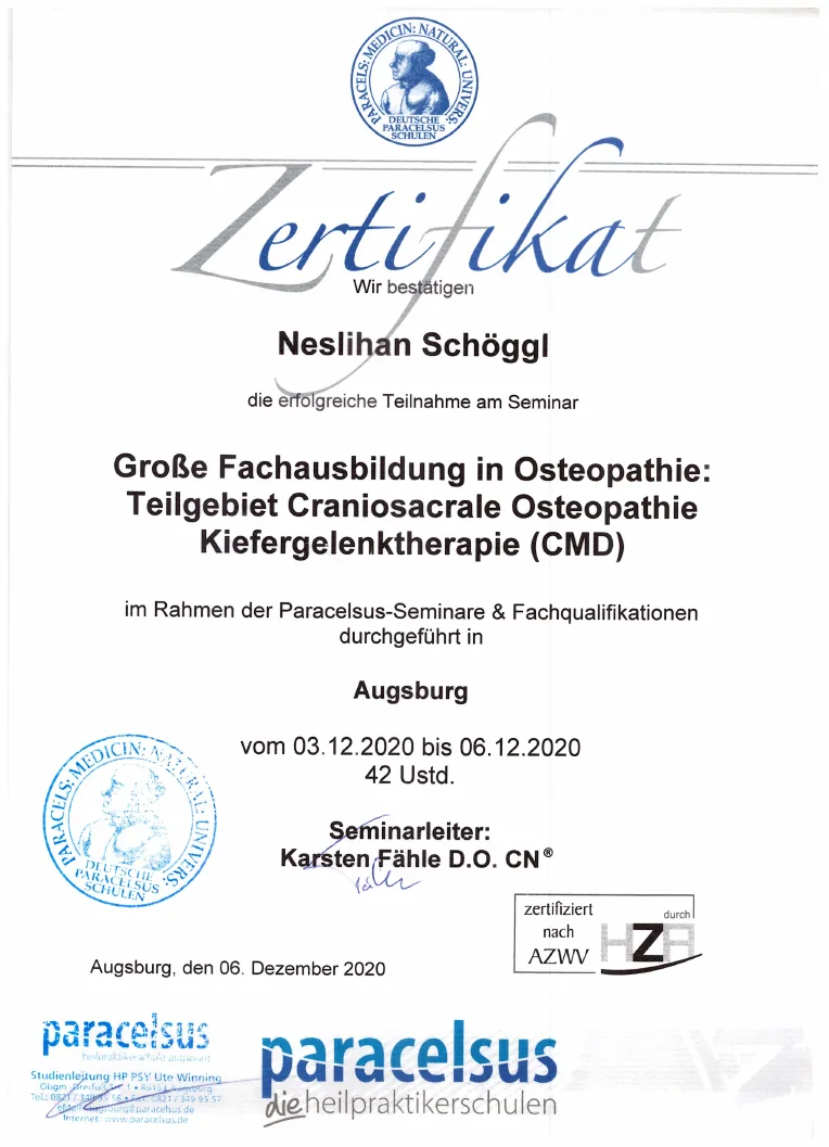 Vorschau des Zertifikats: Kiefer & Craniosacrale Osteopathie