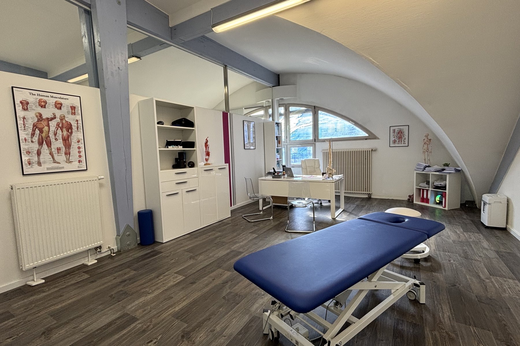 Raum für chiropraktische und osteopathische Behandlungen mit blauer Behandlungsliege